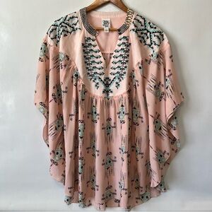 Ivy Jane Pink Embroidered Aztec Poncho Top Boho Festival Flowy